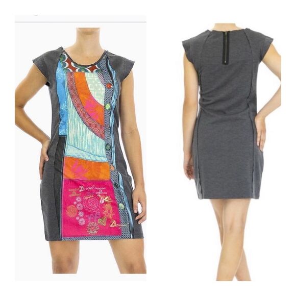 Desigual Patchwork Multicolor Front Sheath Cap Sleeve Fitted Mini Dress M - Picture 1 of 16